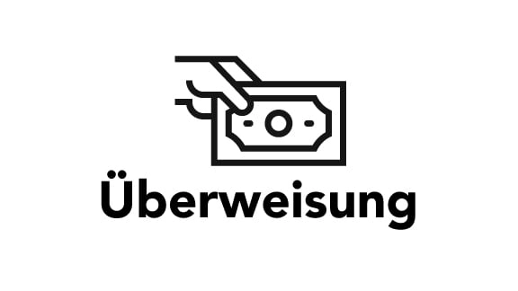 Schwarzer Schriftzug "Überweisung" mit Grafik einer Hand die einen Geldschein hält